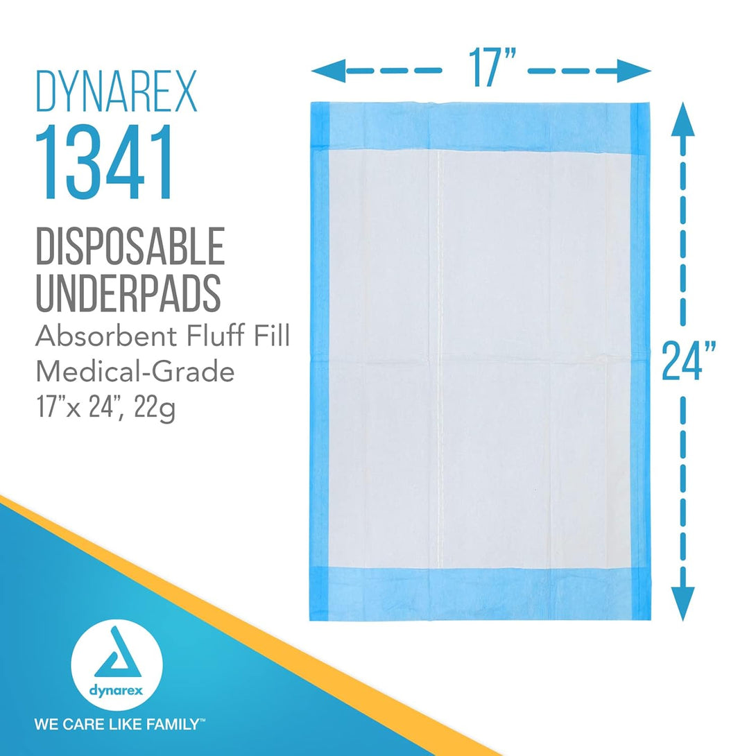 Dynarex 1341 Disposable Underpad, Medical-Grade Incontinence Bed Pad to Protect Sheet, Mattresses, and Furniture, 17" X 24", 22G, 100 Count (Pack of 1)