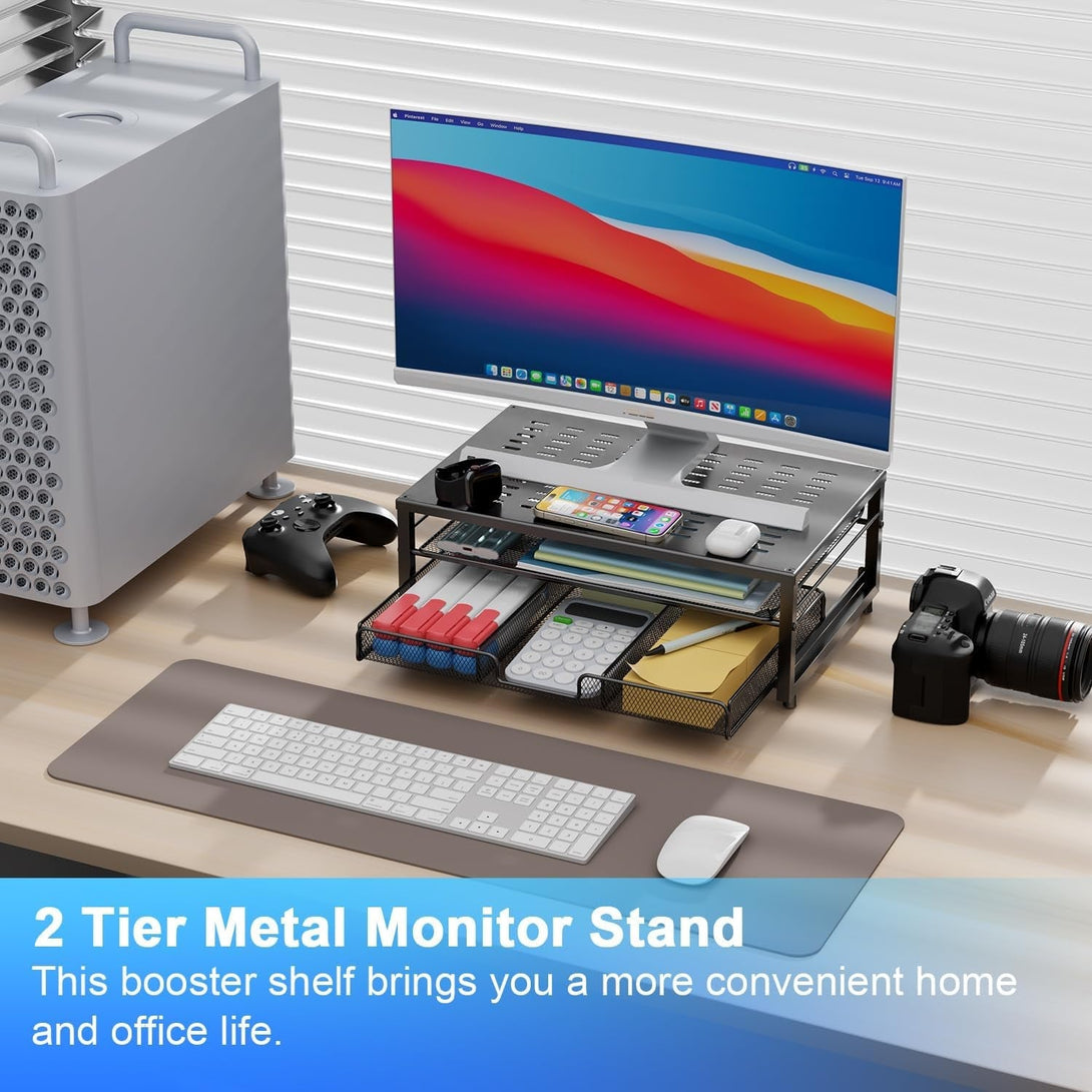 Gianotter Computer Monitor Stand Riser, Desk Organizers and Accessories with Drawer, Office Desk Accessories & Workspace Desktop Organizers Storage for Classroom Office Supplies (Black)