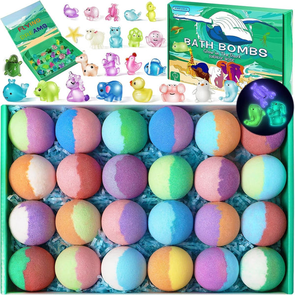 Bath Bombs for Kids with Toys inside - 24 Pack Kids Bath Bombs with Glow in the Dark Bath Surprise Toys Inside, Natural Organic Bubble Bath Fizzy for Girls Boys, Birthday Gifts for Kid