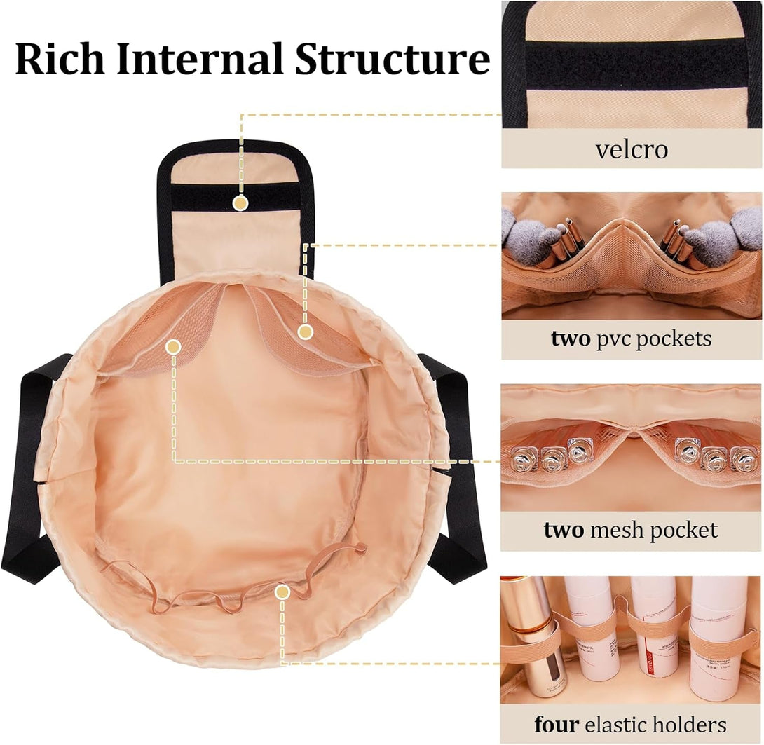 Barrel Drawstring Makeup Bag Large Travel Makeup Bag,Portable Large Capacity Cosmetic Bag Toiletry Organizer for Travel Accessories Make up Essentials and Hair Product,Gifts (Khaki)