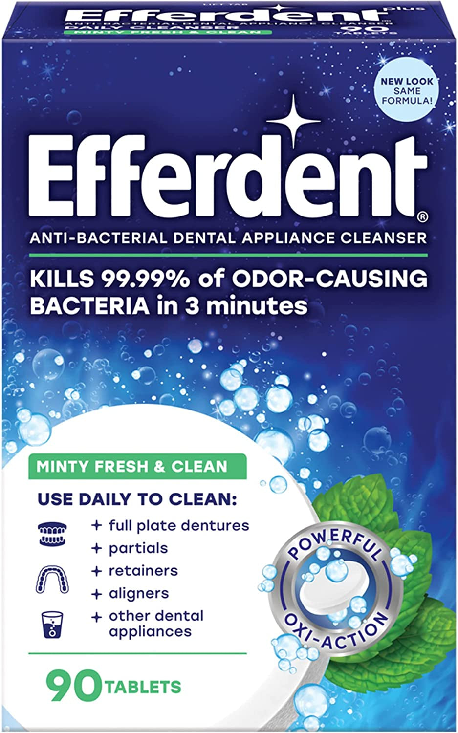 Efferdent Retainer Cleaning Tablets, Denture Cleanser Tablets for Dental Appliances, Fresh & Clean, Minty Fresh, 90 Tablets