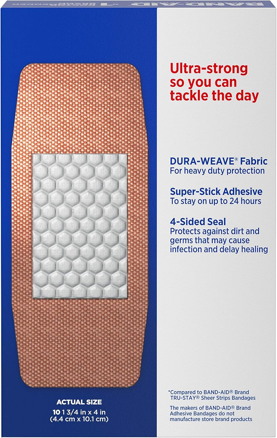 Band-Aid Brand Sterile Tough Strips Adhesive Bandages for First Aid & Wound Care, Durable Protection & Comfort for Minor Cuts & Scrapes, Heavy-Duty Fabric Bandages, Extra Large, 10 Ct (Pack of 2)