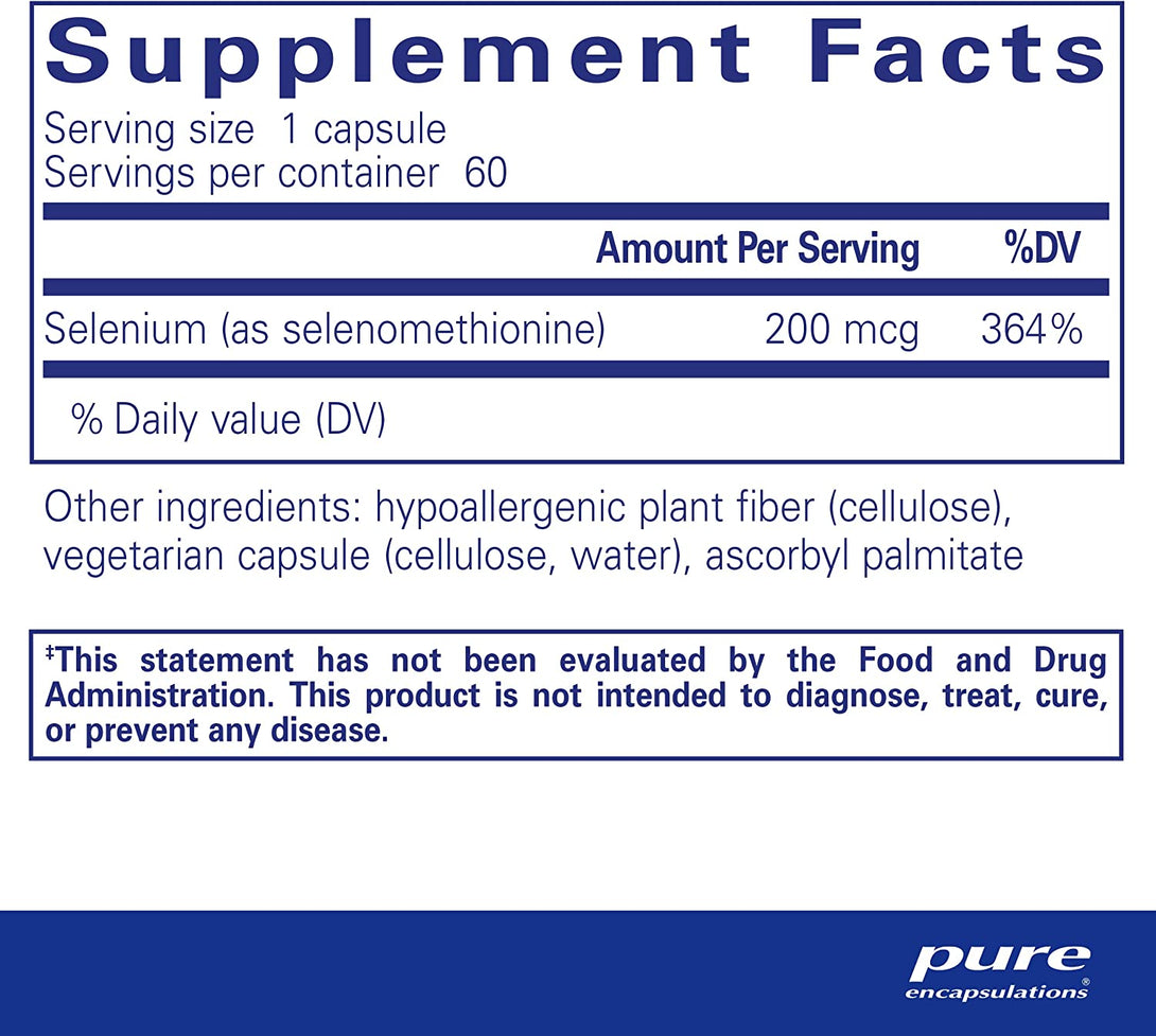 Pure Encapsulations Selenium - 200 Mcg - for Healthy Cellular Function, Immune System & Antioxidant Defenses - Mineral Supplement - Vegan & Gluten Free - 60 Capsules