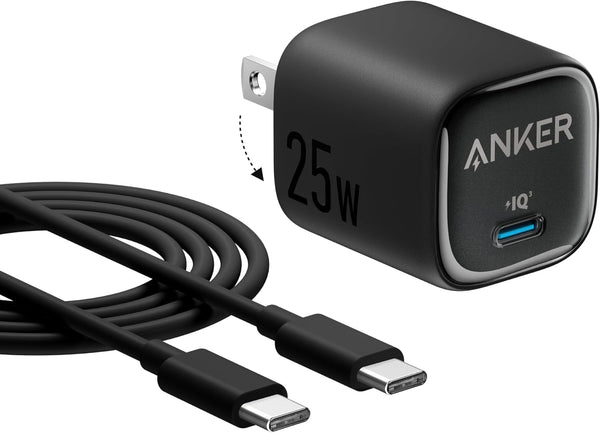 Anker 25W USB C Charger Block, Compact and Foldable, Supports PPS Fast Charging for Galaxy S24/Z Fold/Z Flip/Tab, Iphone, Ipad (Black, 1Pack with Cable)