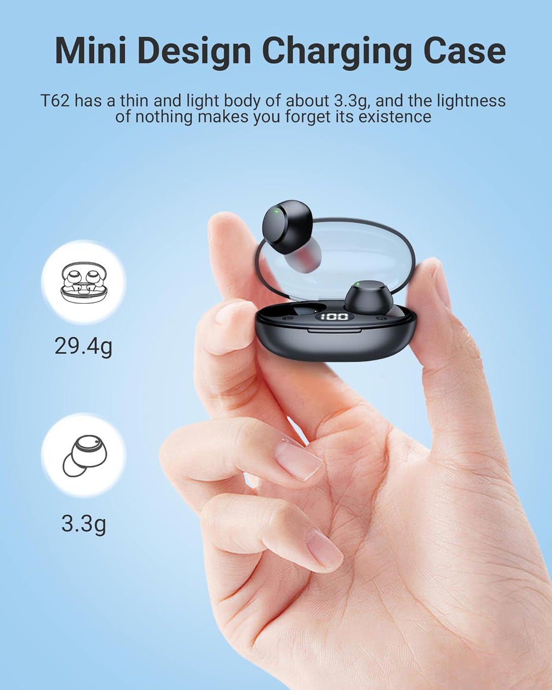 Ear Buds Wireless Earbuds Bluetooth 5.4 Headphones with LED Power Display, IPX8 Waterproof, Mini Earbud, Built-In Mic Calls, Ultra-Light, Stereo Earphones for Sports, Gym, Running, Workout, Black S
