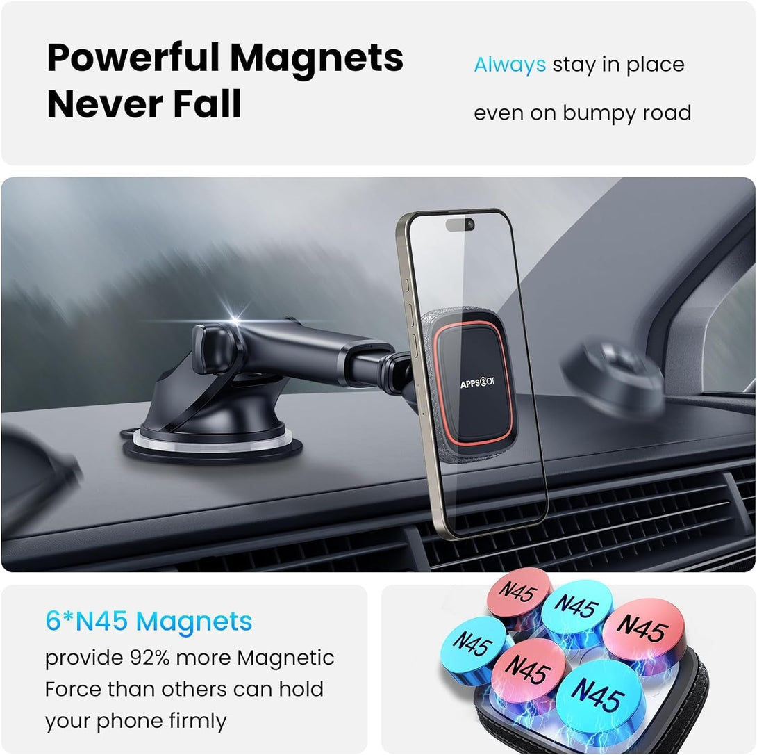 Apps2Car Magnetic Phone Mount for Car – Industrial Suction Cup Dashboard & Windshield Holder with Telescopic Arm, 6 Strong Magnets – Universal Fit for Iphone & Android (Metal Plate Required)