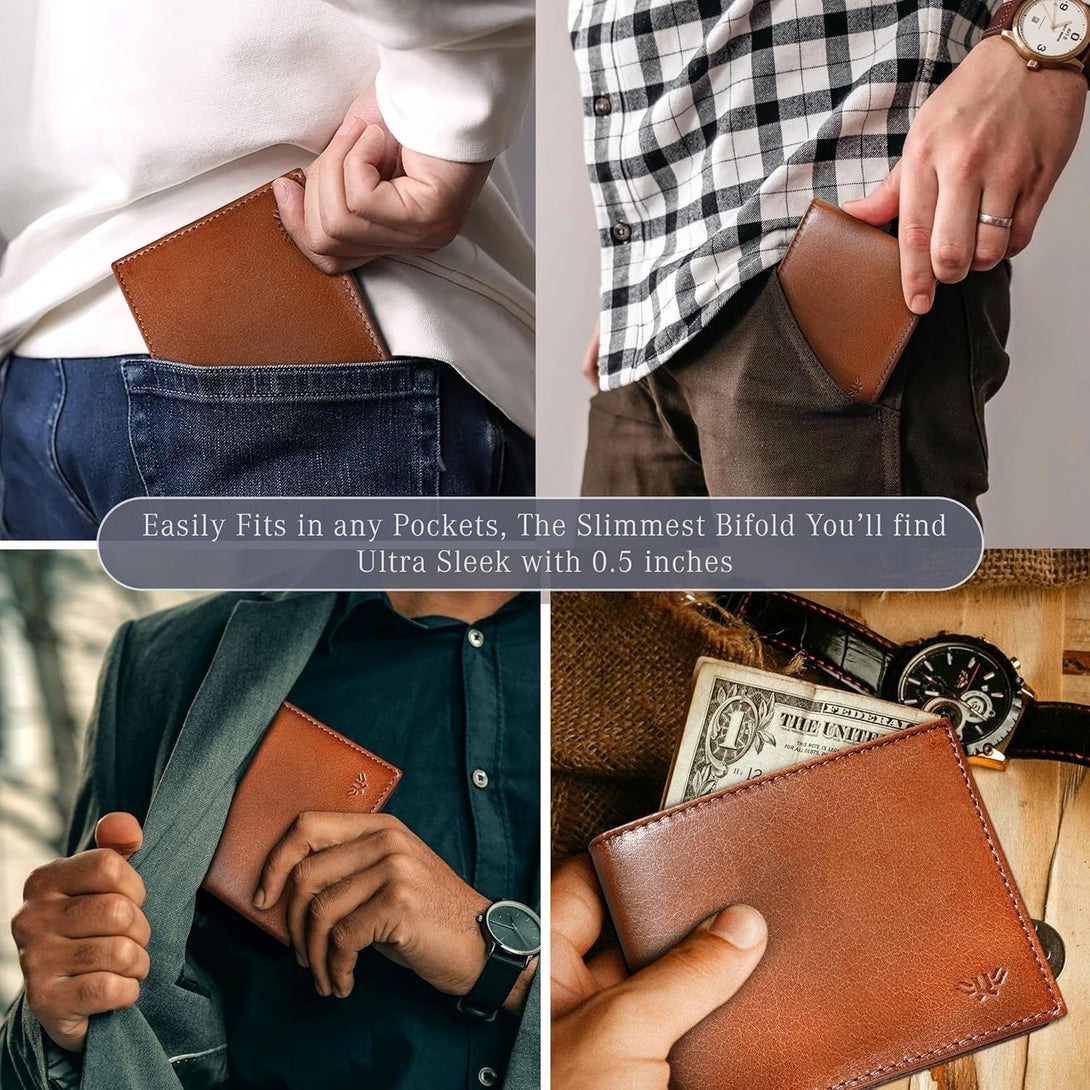LUXEORIA Genuine Leather Wallet for Men, Handcrafted Travel Wallet, Minimalist Mens Slim Bifold Wallet, Anti-Theft RFID Blocking Wallet for Men'S, Bi-Fold - Tan Brown