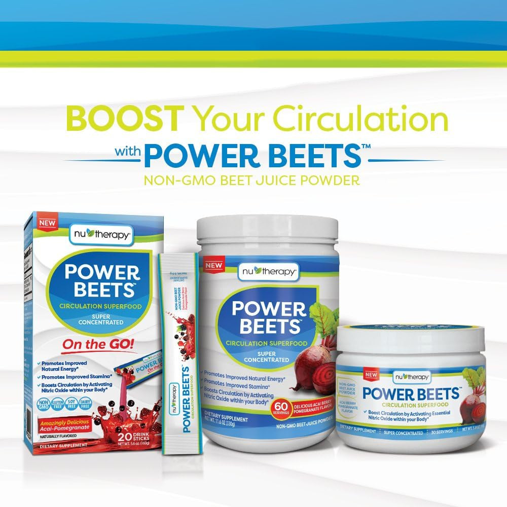 Nu-Therapy Power Beets - Super Concentrated Circulation Superfood - Dietary Supplement – Delicious Acai Berry Pomegranate Flavor – Non-Gmo Beet Juice Powder - 30 Servings, Red, 5.8 Ounce (Pack of 1)