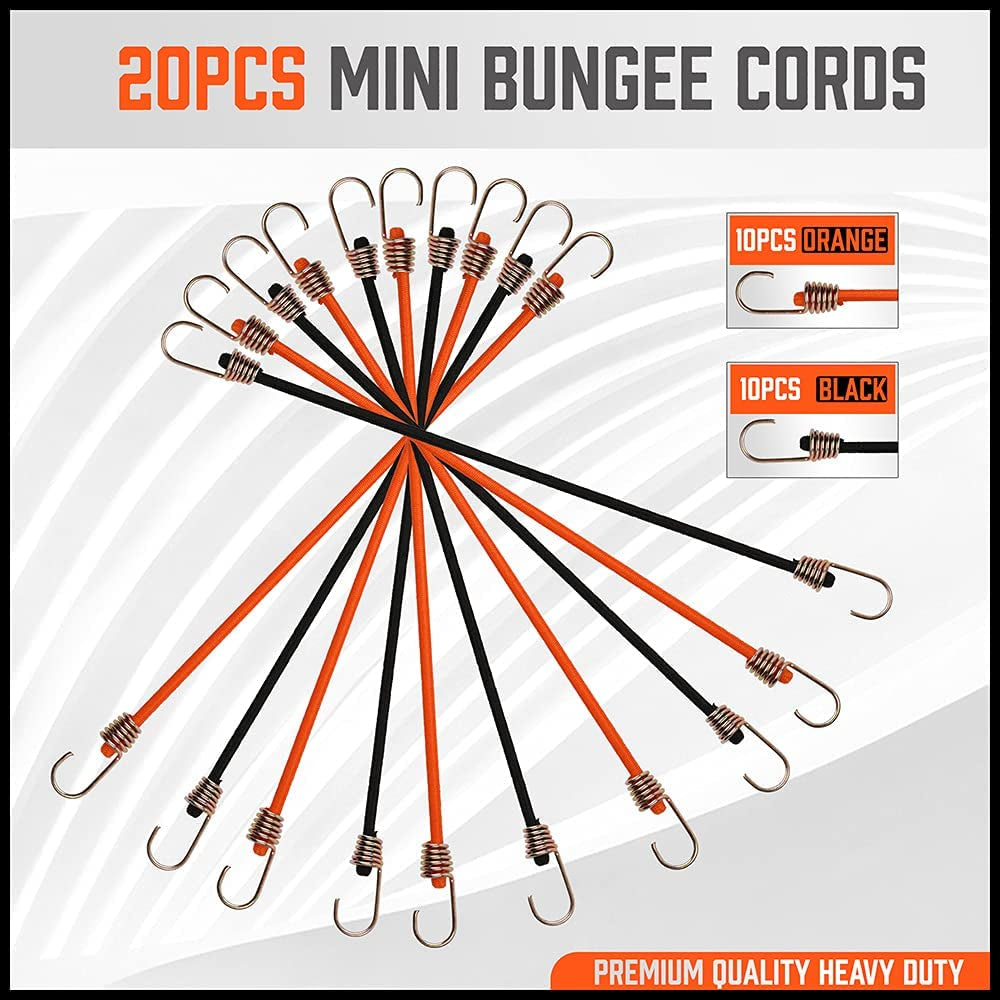 HORUSDY 20 Pack Mini Bungee Cords, 8 Inch Premium Small Bungee Cords with Hooks for Bikes, Camping, Carrying Tools