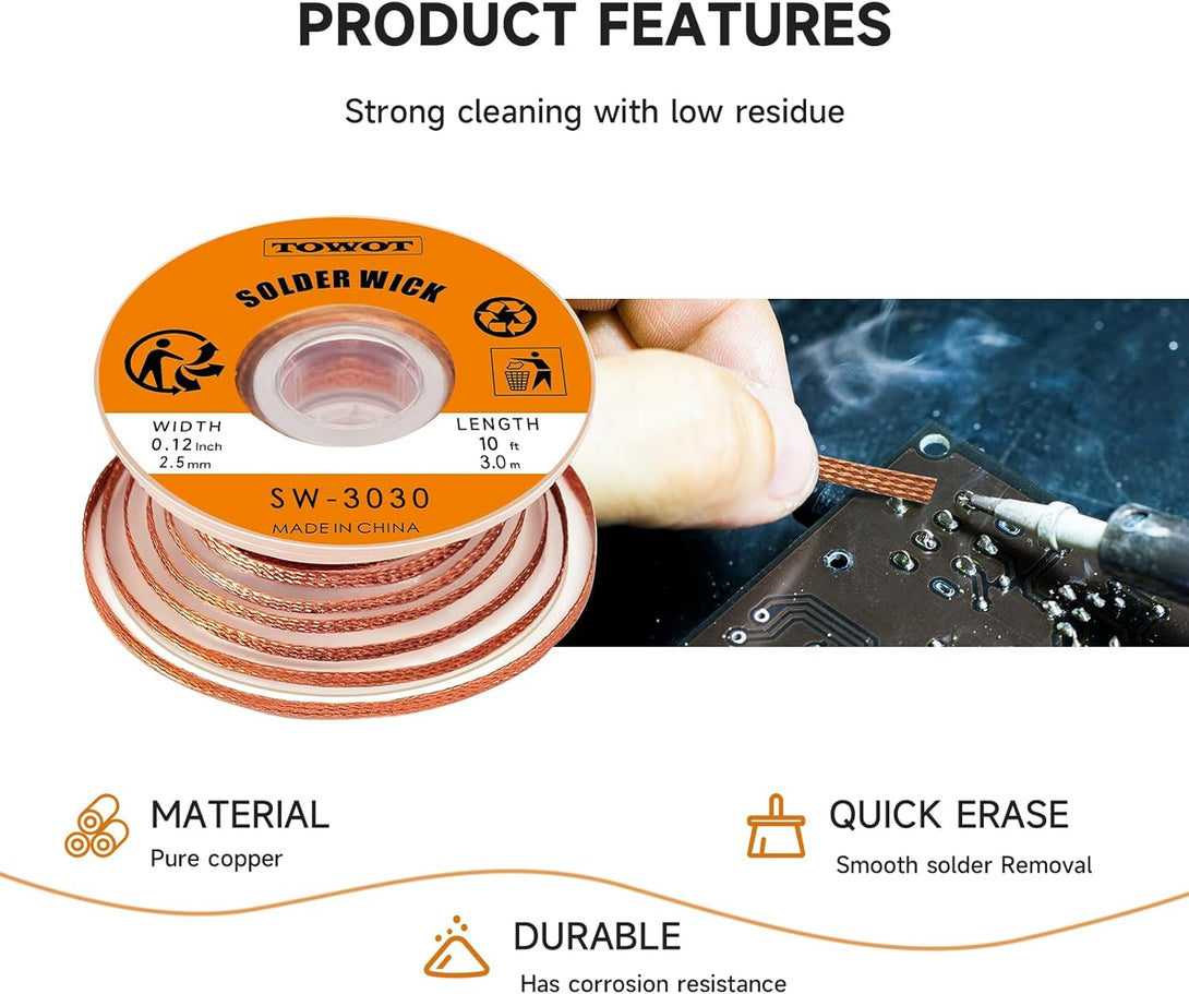 TOWOT Solder Wick Braid with Flux No-Clean Electronic, Desoldering Wick Braid Remover.Desolder Soldering 2Mm W 0.08'' L 9.8'