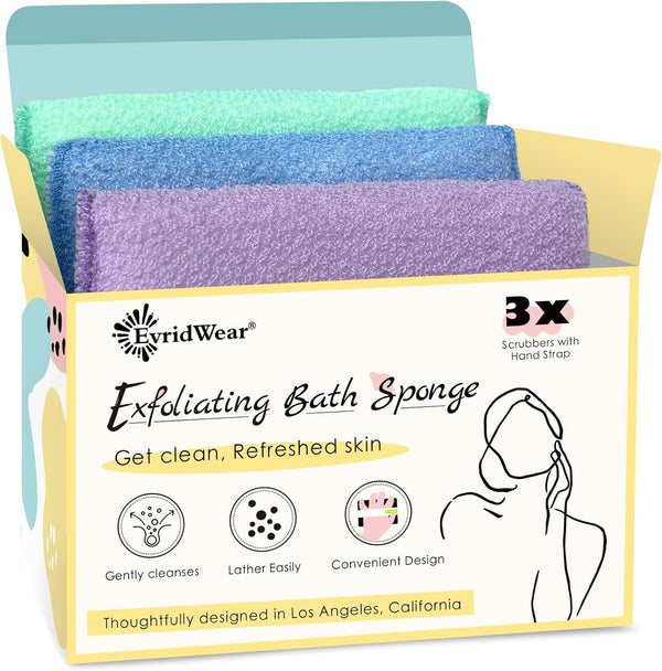 Evridwear Exfoliating Bath Sponge, Daily Skincare Body Scrubbers Loofah Shower Pads with Strap for Body Cleansing, Dead Skin Cell Remover, 3 Count Value Pack(Macaroon)