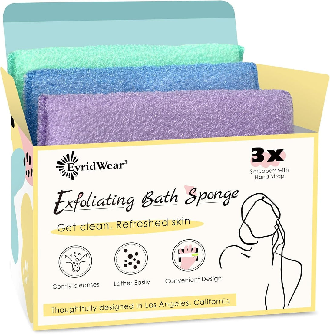 Evridwear Exfoliating Bath Sponge, Daily Skincare Body Scrubbers Loofah Shower Pads with Strap for Body Cleansing, Dead Skin Cell Remover, 3 Count Value Pack(Macaroon)