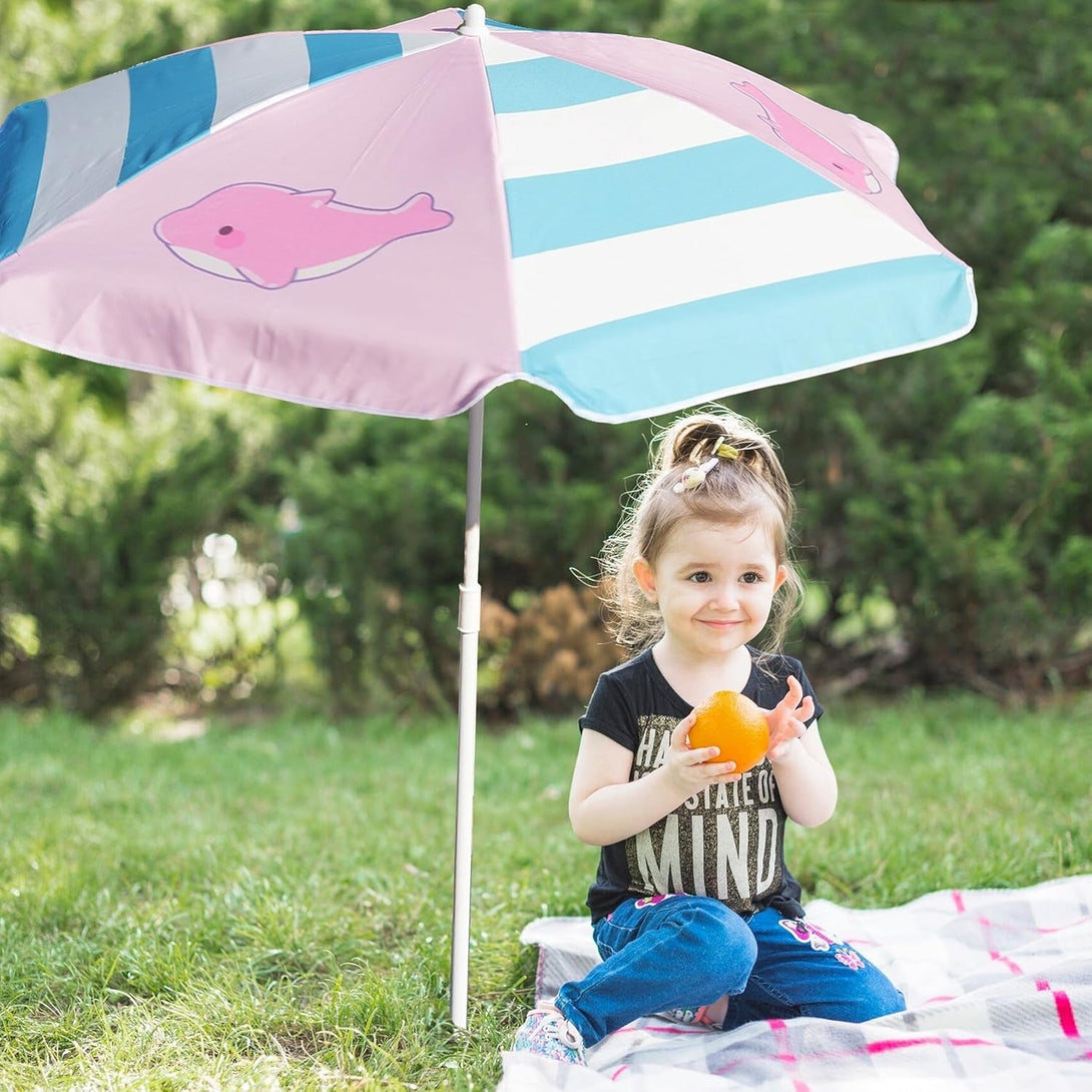 AMMSUN 5Ft Seaside Umbrella for Sand Box Water Table - Kids Durable Umbrellas for Children Picnic Beach Camping Garden Outdoor Play Shade Pink Dolphin