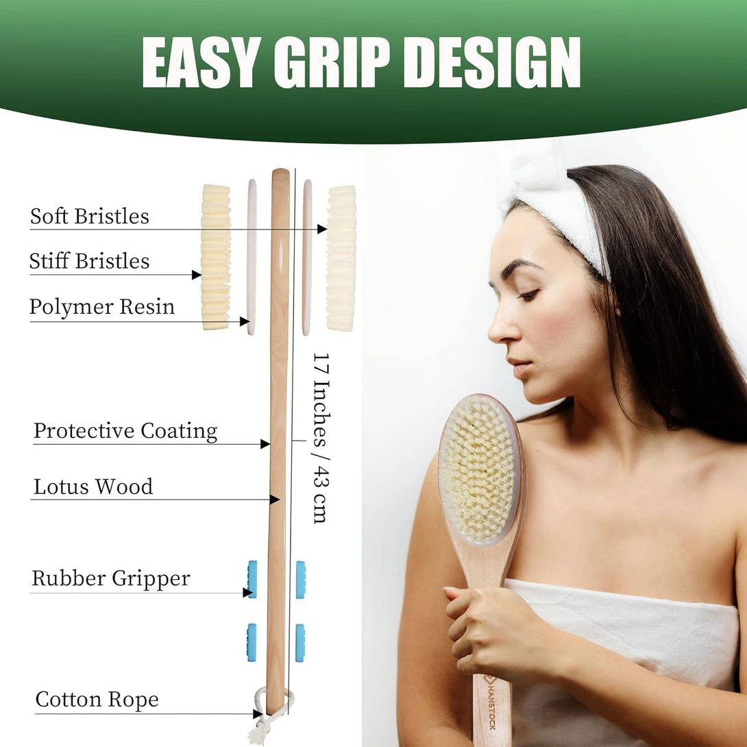 Back Scrubber, 43Cm Long Wooden Double-Sided Shower Body Brush with Soft and Stiff Bristles for Exfoliating Skin