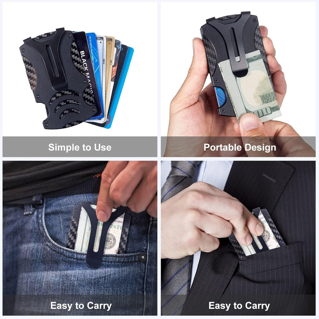 Tactical Wallet, Carbon Fiber Wallet, Metal Money Clip Wallet, RFID Blocking Minimalist Wallet for Men Slim Aluminum Credit Card Holder