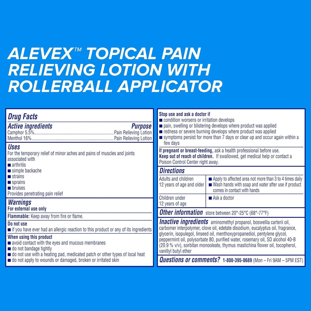 Alevex Topical Pain Relief Lotion with Rollerball Applicator - Long Lasting Arthritis and Muscle Pain Relief, 2.5 Oz