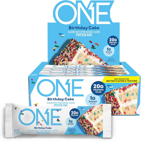 ONE Protein Bars, NEW Recipe Birthday Cake, Gluten Free Protein Bars with 20G Protein and 1G Sugar, Pantry Staples, 2.12 Oz (12 Count)