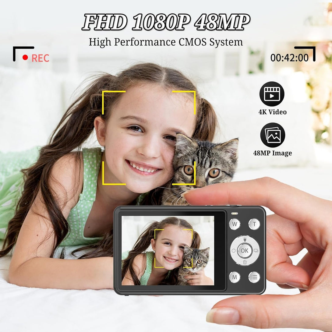 Digital Camera, FHD 1080P Kids Camera, 48MP Point and Shoot Digital Cameras with a 64GB Card, 16X Zoom, anti Shake, Compact Small Camera for Kids Gifts for Teens Girls Boys
