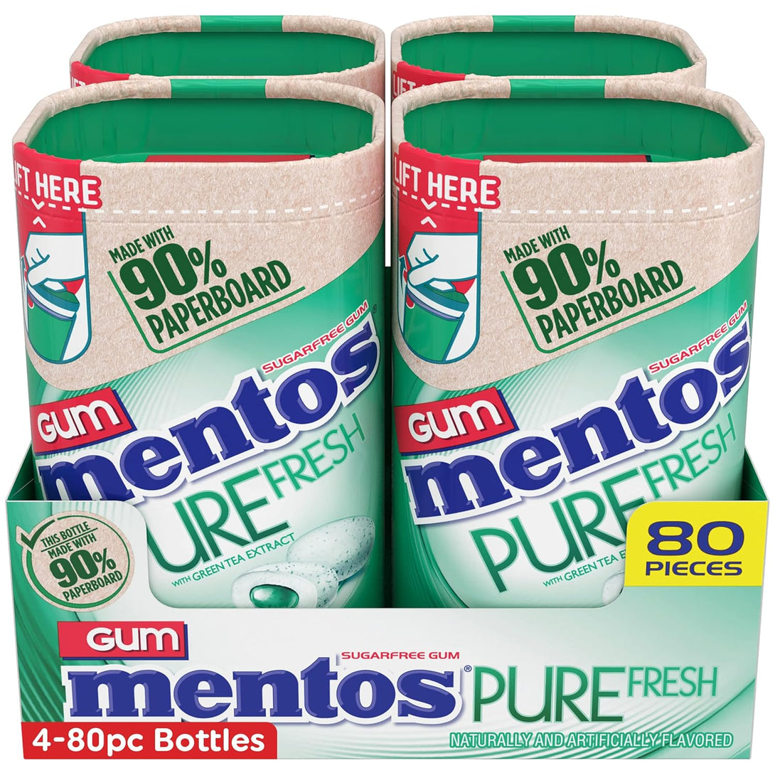 Mentos Pure Fresh Holiday Sugar-Free Chewing Gum with Xylitol, Spearmint, Recyclable 90% Paperboard Bottle, Holiday Christmas Stocking Stuffers for Adults & Kids, 80 Piece Bottle (Bulk Pack of 4)