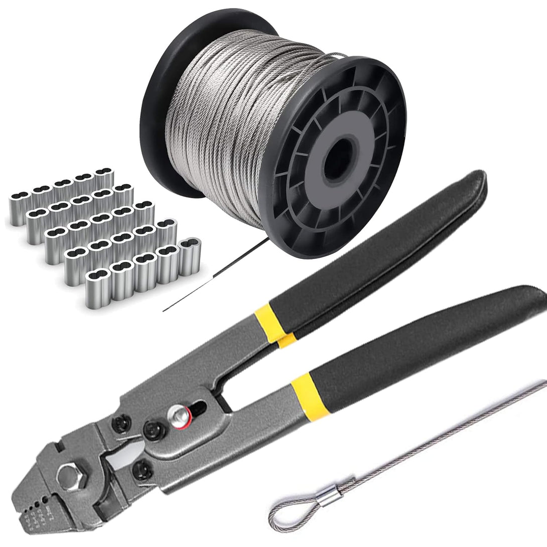 Wire Rope Crimping Tool Kit, with 1/16-304 Stainless Steel Cable 165 Ft (7X7 Strand Core), 100 Cable Ferrule Aluminum Loop Sleeve Stops