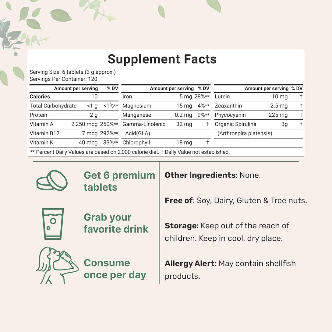 Micro Ingredients Organic Spirulina Supplement, 3000MG per Serving, 720 Tablets (4 Month Supply), No Filler & Non-Gmo, Rich in Vegan Protein, Vitamins & Prebiotics, Premium Spirulina Pills