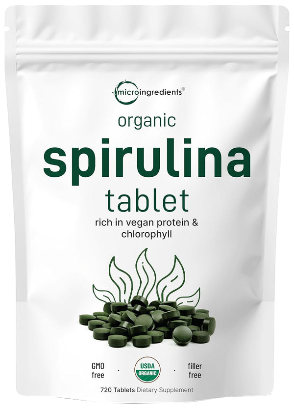 Micro Ingredients Organic Spirulina Supplement, 3000MG per Serving, 720 Tablets (4 Month Supply), No Filler & Non-Gmo, Rich in Vegan Protein, Vitamins & Prebiotics, Premium Spirulina Pills