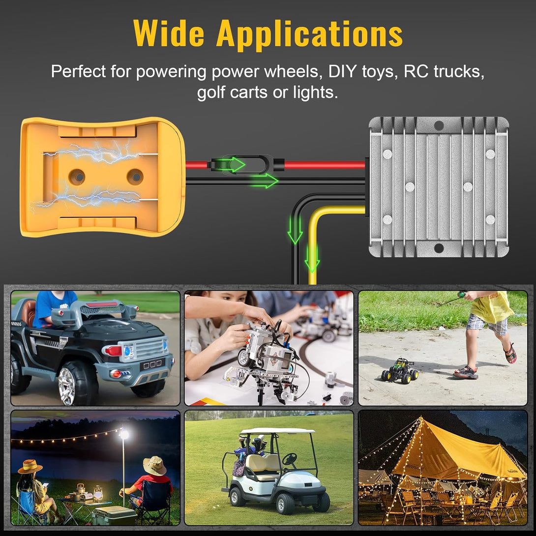 20V to 12V Step down Converter for Dewalt 20V Power Wheels Battery Adapter, DC 12V 20A 240W Buck Converter Regulator with 30A Fuse & Wire Terminal