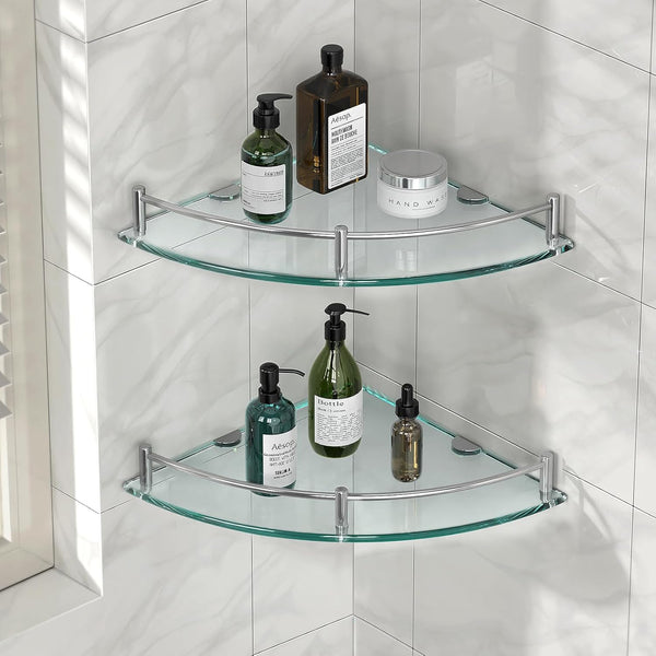 Glass Shower Shelves Caddies Tempered Bathroom Glass Shelf with Rail Wall Mounted Drill Hole for Corner Shower Shelf for inside Shower 2 Pack