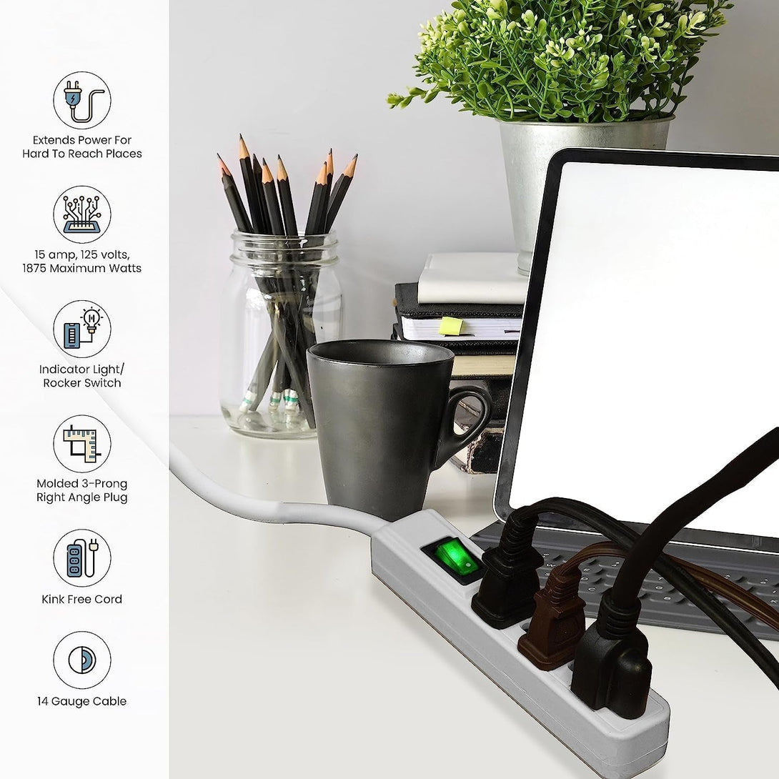 Go Green Power Inc. 2.5Ft 3-Outlet Power Strip - Compact, Durable, Ideal for Travel & Home Use with Right-Angled Plug and Circuit Breaker - GG-13002MS