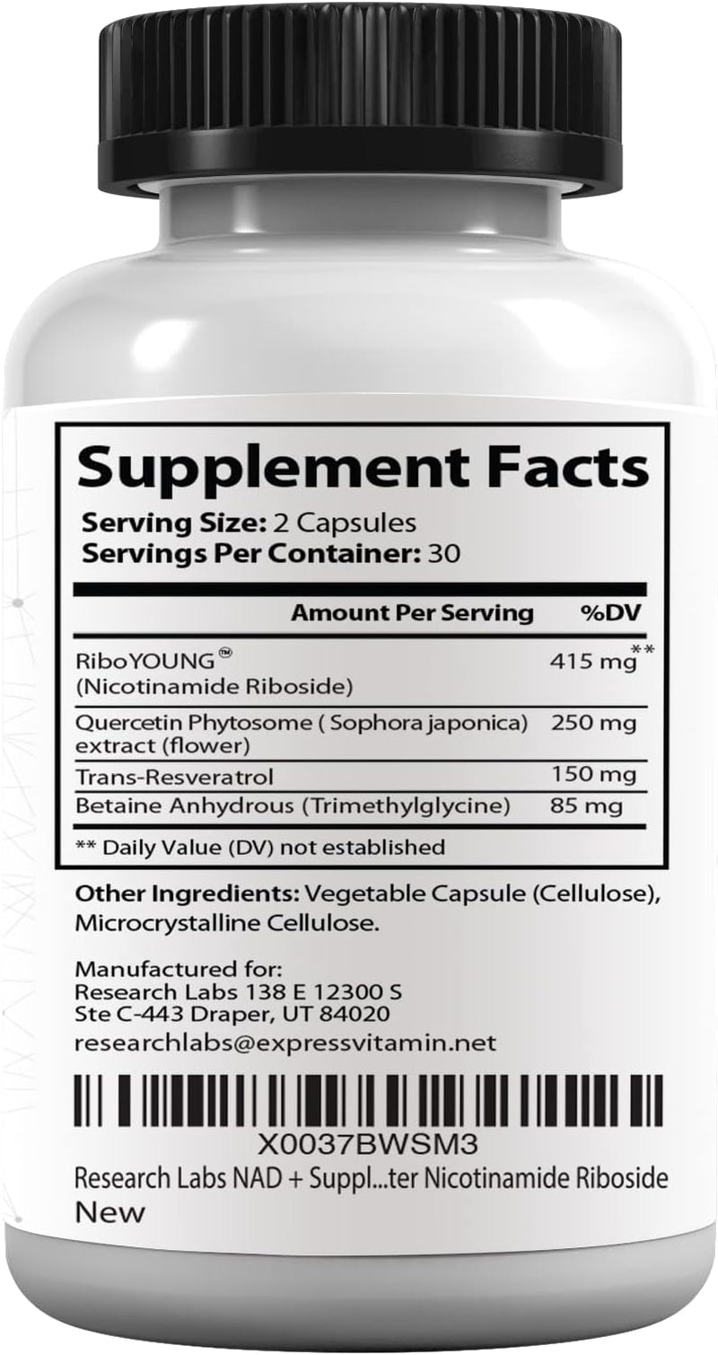 Research Labs NAD+ Supplement 2 for 1 Ad. Proprietary Formula W/Patent Pending Riboyoung™. NRF2 Activator, Nicotinamide Riboside, Quercetin, Resveratrol, Betaine. True NAD Supplement anti Aging…