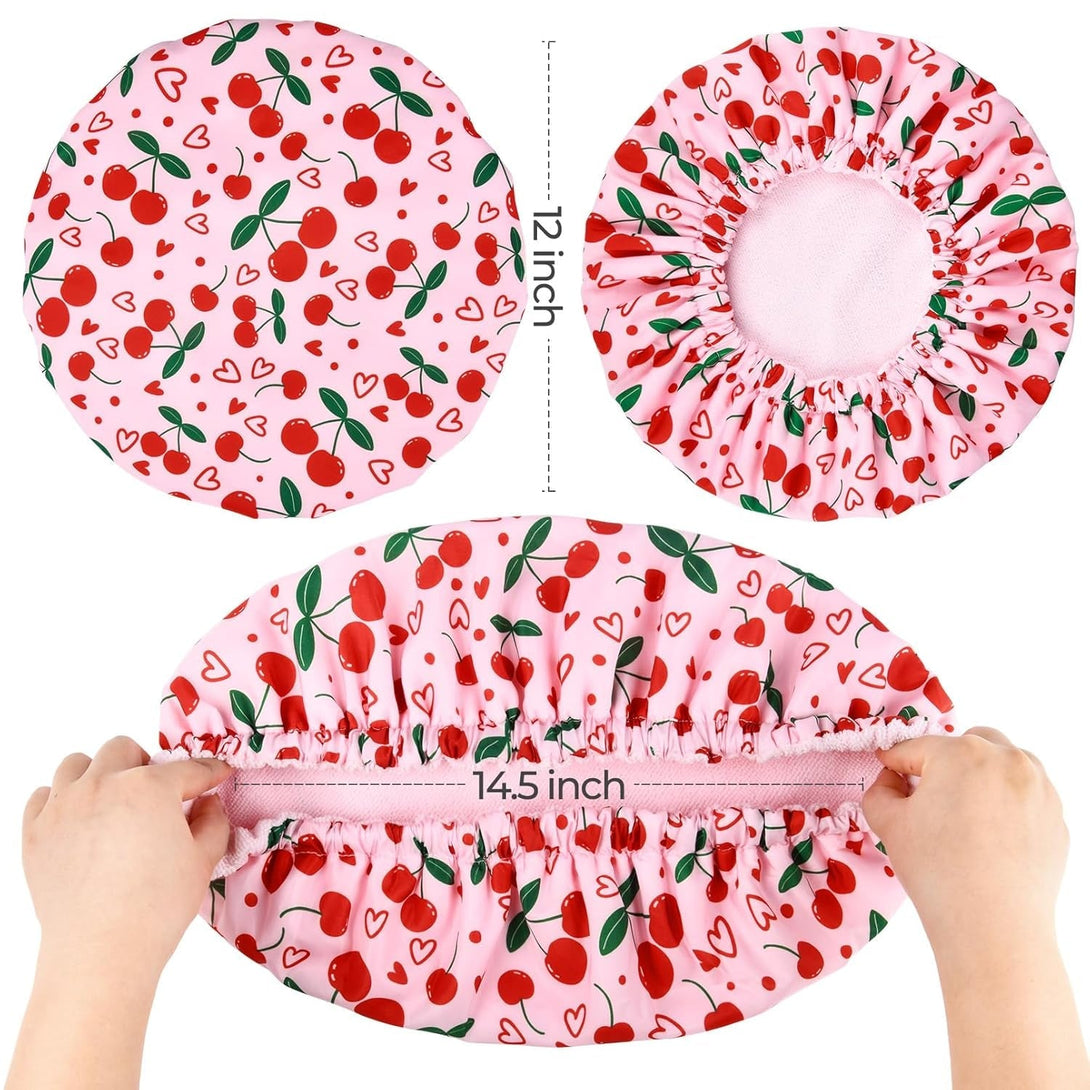 Shower Cap for Women Terry Lined Bath Cap Large Reusable Waterproof Elastic Band Pink Cherry Shower Caps for Long Thick Hair Soft Bath Shower Hair Caps
