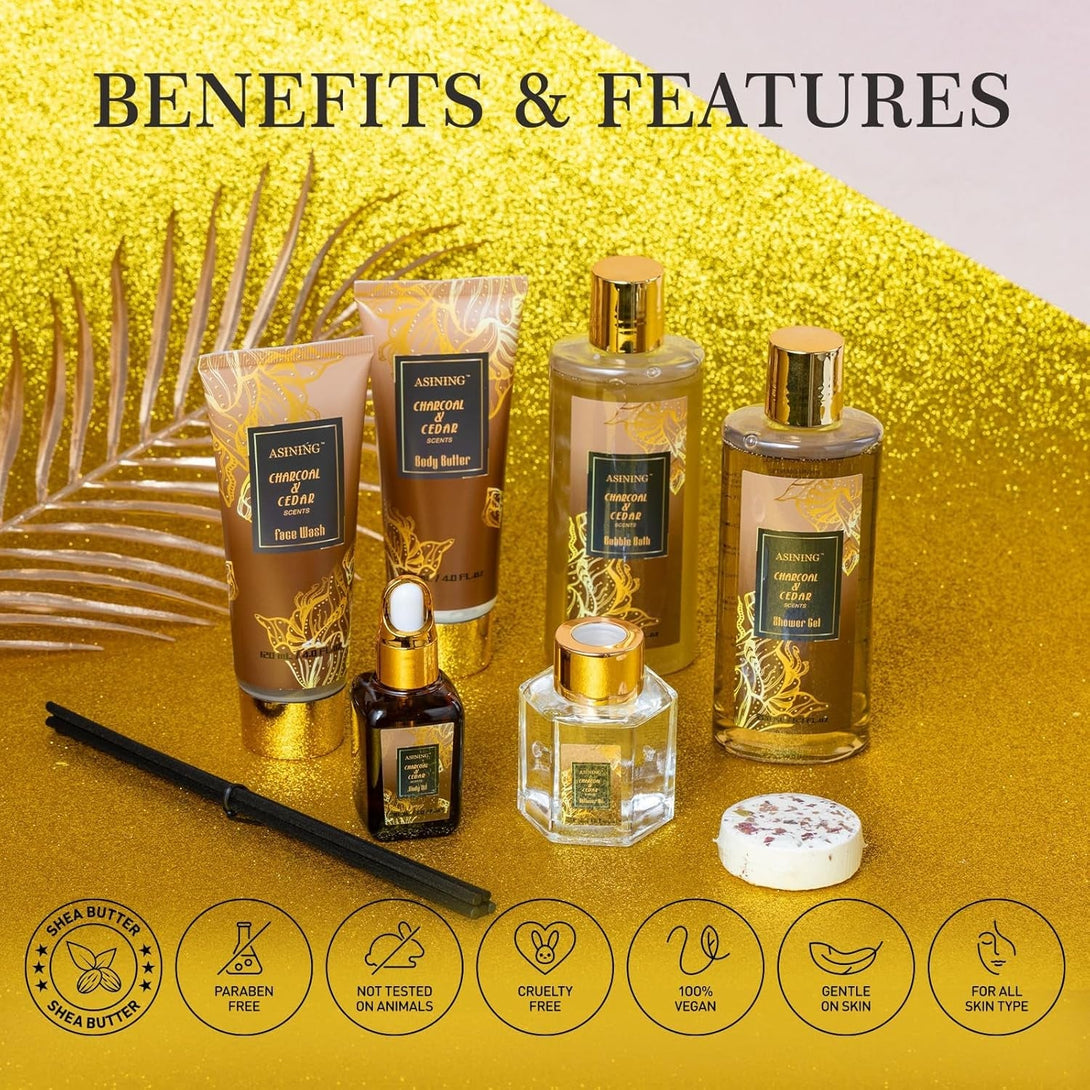 Spa Set for Women & Mens Gift, Relaxing Gifts for Men, Mothers Day Gifts with 14PCS Charcoal & Cedar Scents Spa, Includes Bubble Bath, Shower Gel, Body Butter, Spa Kit for Mans Gift Set
