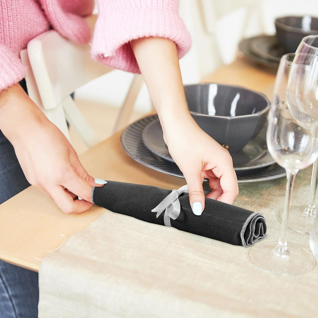 6 Pcs anti Tarnish Silver Storage Bags Silver Storage Cloth Felt Flatware Organizer anti Tarnish Protector Bags Place Setting Roll with White Ribbon for Kitchen Cutlery Utensils