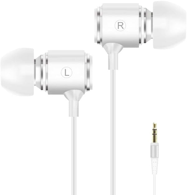 Headphones with Extra Long 6.5FT Cord - Earbuds for PC, TV & Computer Listening - No Mic - White