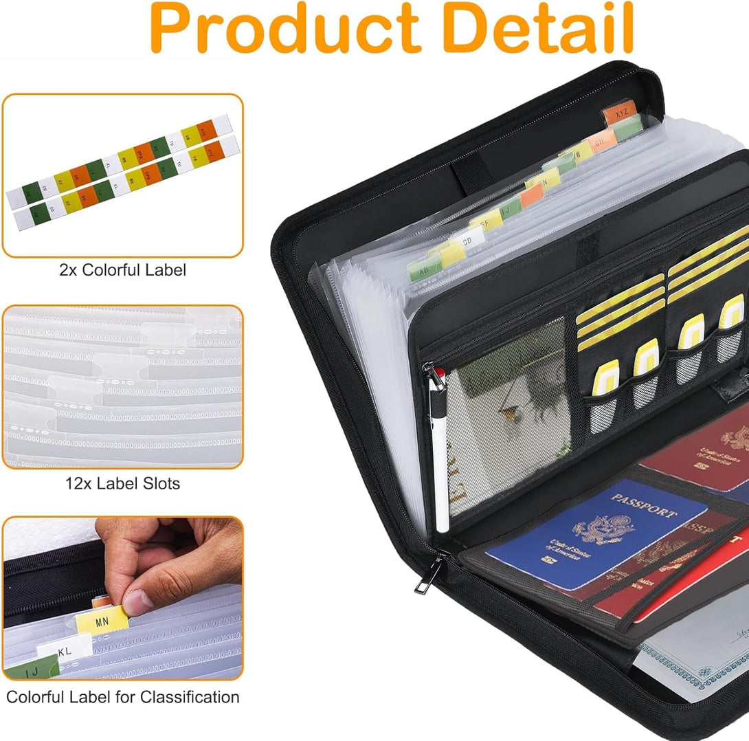 Accordion File Organizer, 12 Pocket Expanding File Folder with Multi Pockets Fireproof Folder with Zipper & Labels Portable Business Fire Safe Storage for Letter A4 Files and More