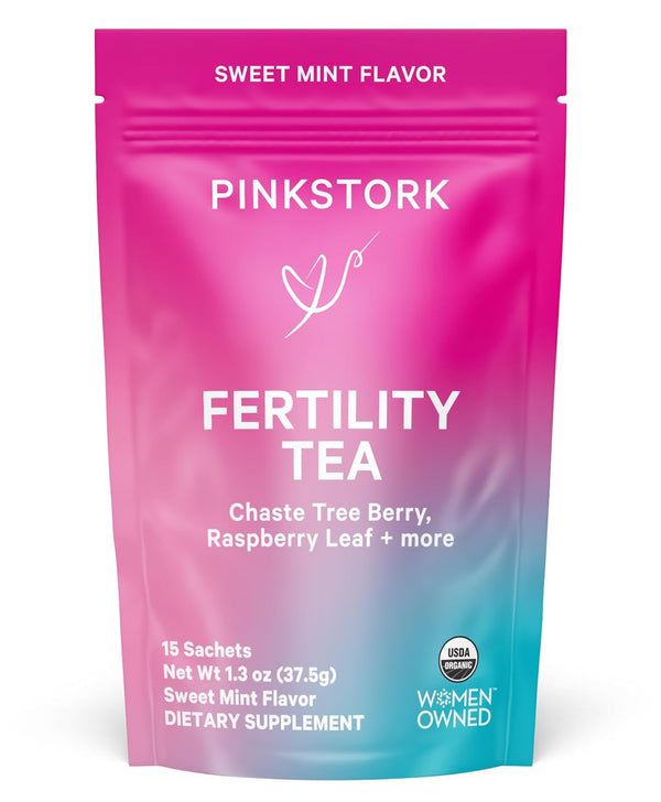 Pink Stork Organic Fertility Tea - Supports Conception for Her & Hormone Balance with Chaste Tree Berry (Vitex), Mint, and Red Raspberry Leaf - Hot or Iced - Caffeine Free - Sweet Mint, 15 Sachets