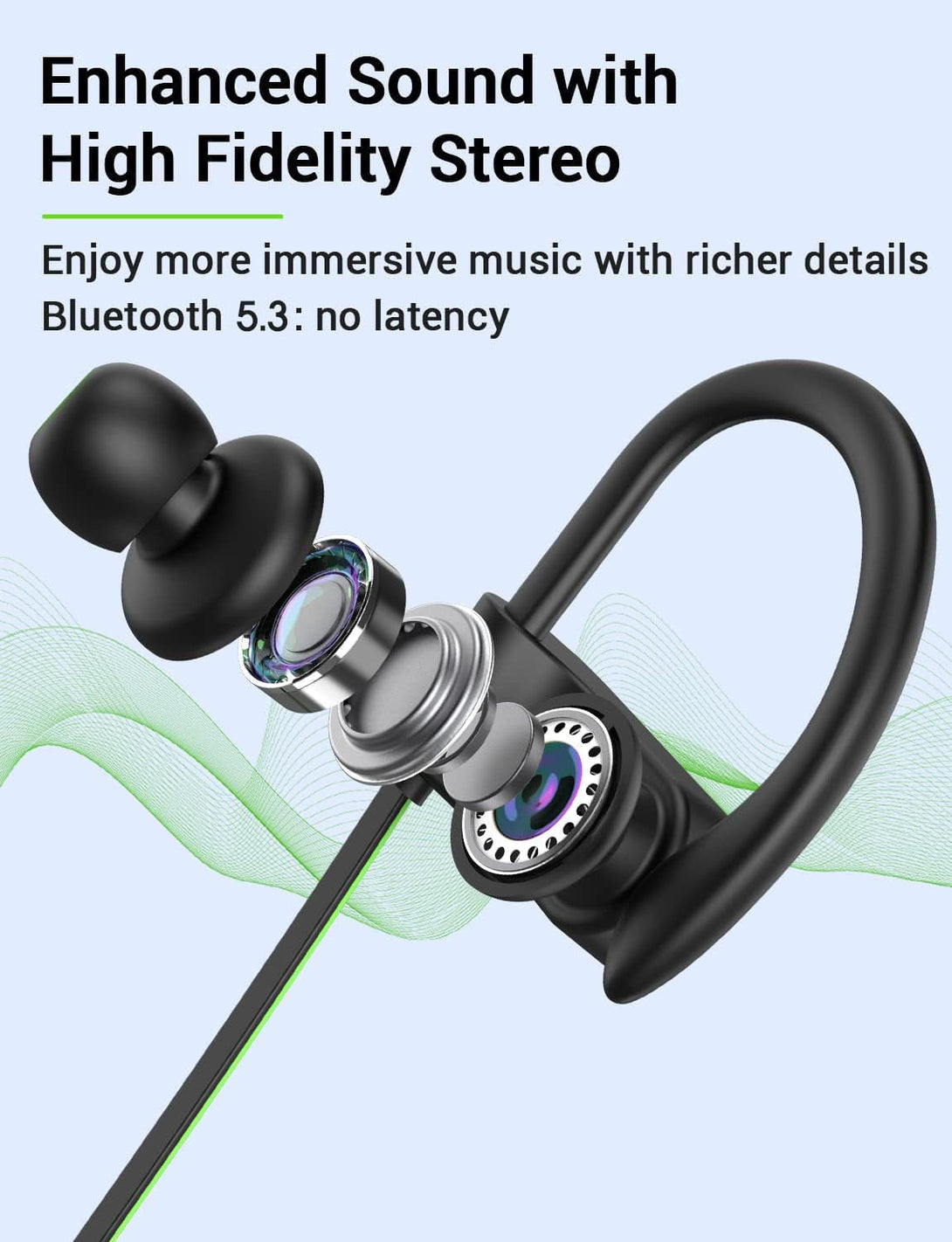 Stiive Bluetooth Headphones, 5.3 Wireless Sports Earbuds IPX7 Waterproof with Mic, Stereo Sweatproof In-Ear Earphones, Noise Cancelling Headsets for Gym Running Workout, 16 Hours Playtime - Greenblack