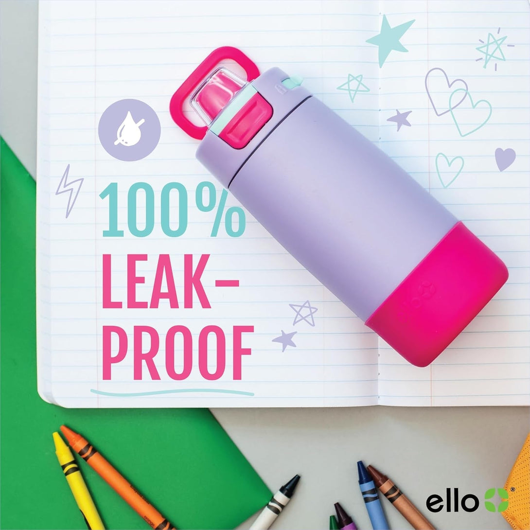 Ello Kids Colby 12Oz Stainless Steel Insulated Water Bottle with Straw and Built-In Silicone Coaster Carrying Handle and Leak-Proof Locking Lid for School Backpack, Lunchbox, and Outdoor Sports