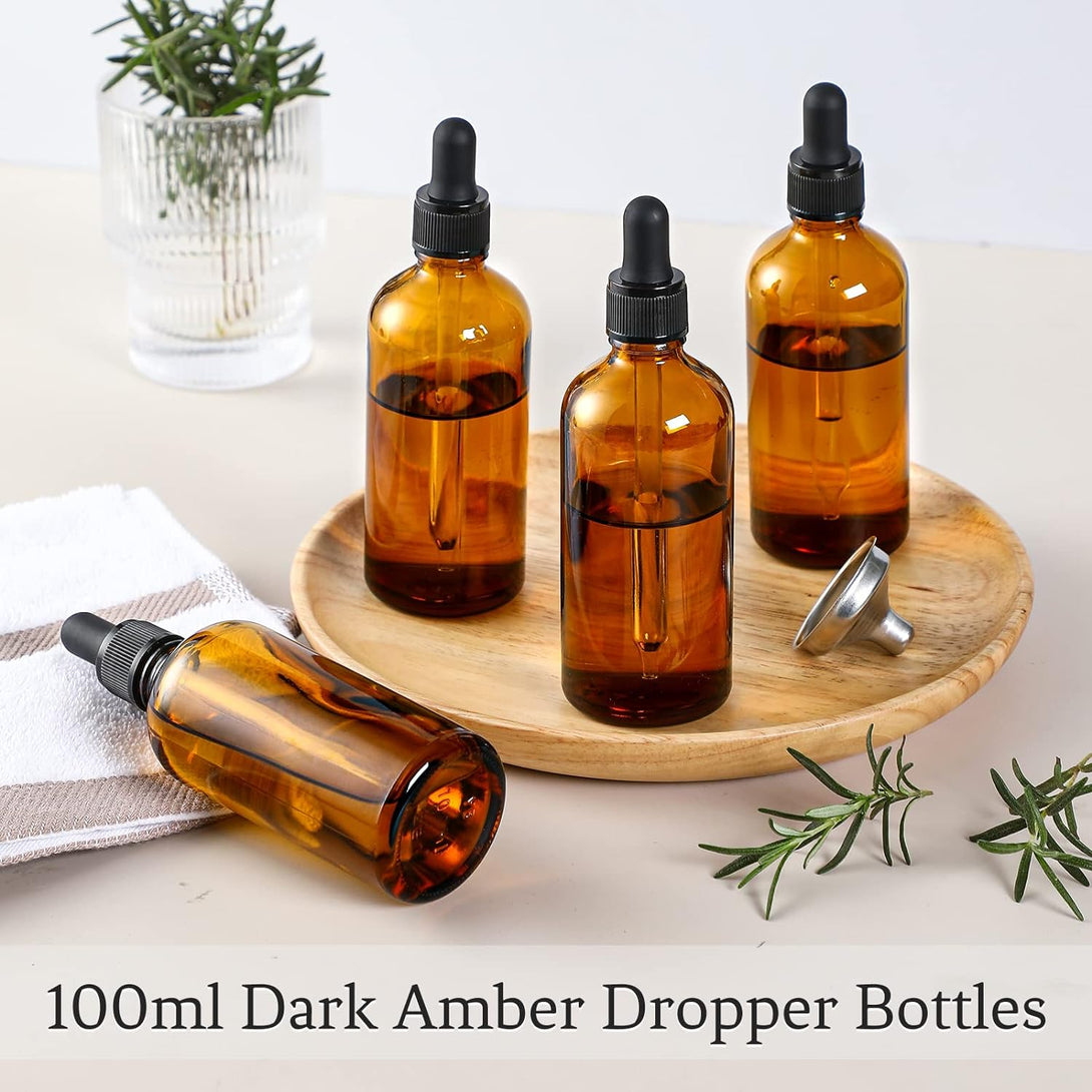 AOZITA 4 Pack, 100Ml Dark Amber Dropper Bottles with 1 Funnels & 4 Labels - 3.4Oz Brown Glass Tincture Bottles with Eye Droppers for Essential Oils, Liquids - Leakproof Travel Bottles