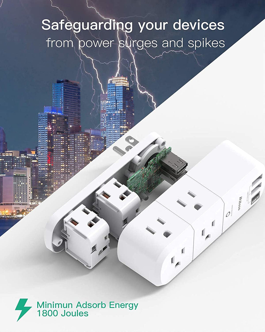 USB Outlet Extender Surge Protector - Mifaso Rotating Plug, 6 AC Multi Plug and 3 USB Ports (1 C), 1800 Joules, 3-Sided Swivel Power Strip Spaced Splitter for Home, Office, Travel