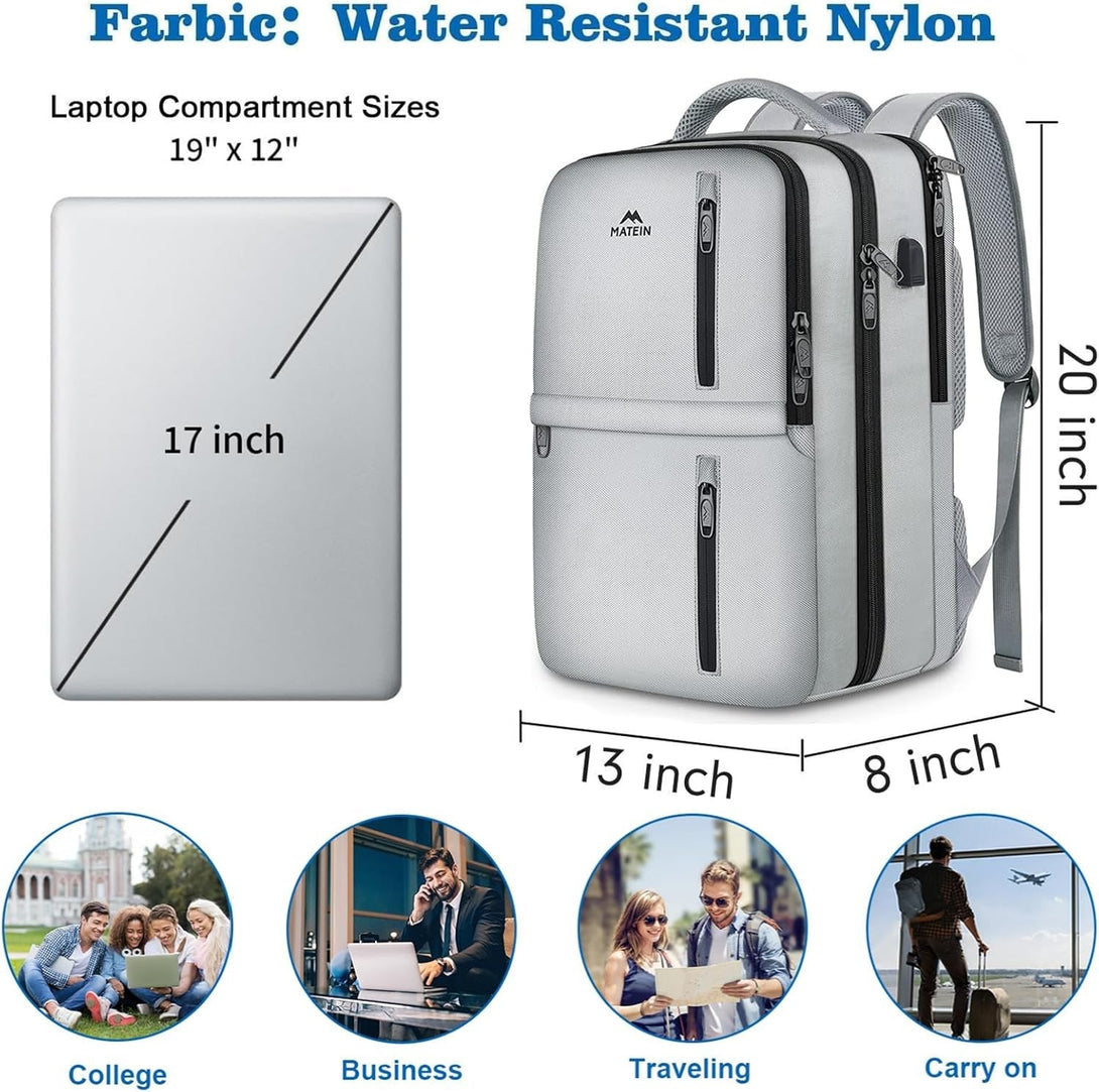 MATEIN Travel Backpack for Women, Extra Large 40L Carry on Backpack with USB Port & Shoe Compartment, Airplane Approved Travel Bag Fit 17" Laptop, Water Resistant Luggage Overnight Weekender Bag, Gray