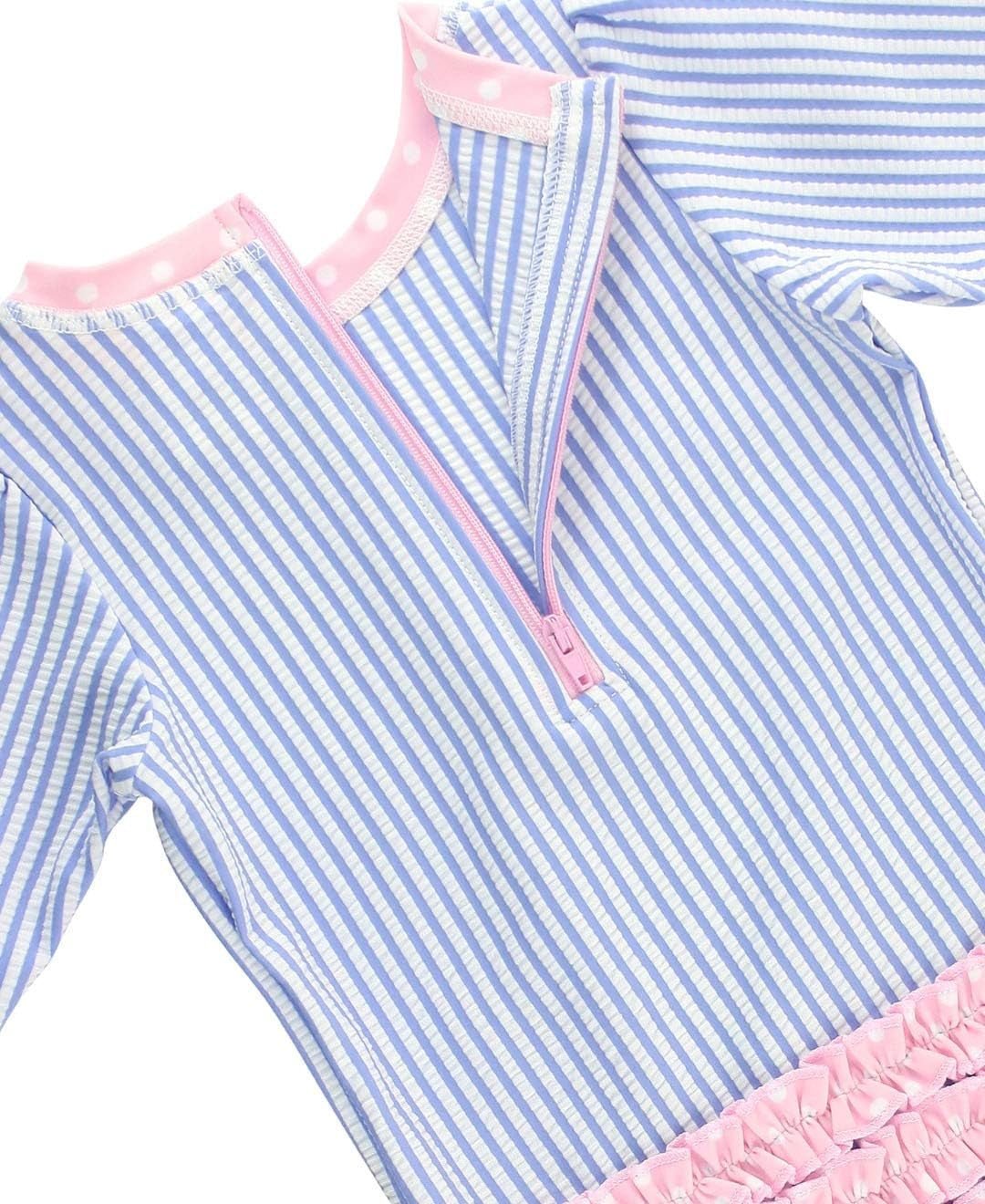 Rufflebutts Baby/Toddler Girls Seersucker Long Sleeve One Piece Rash Guard Swimsuit with UPF 50+ Sun Protection