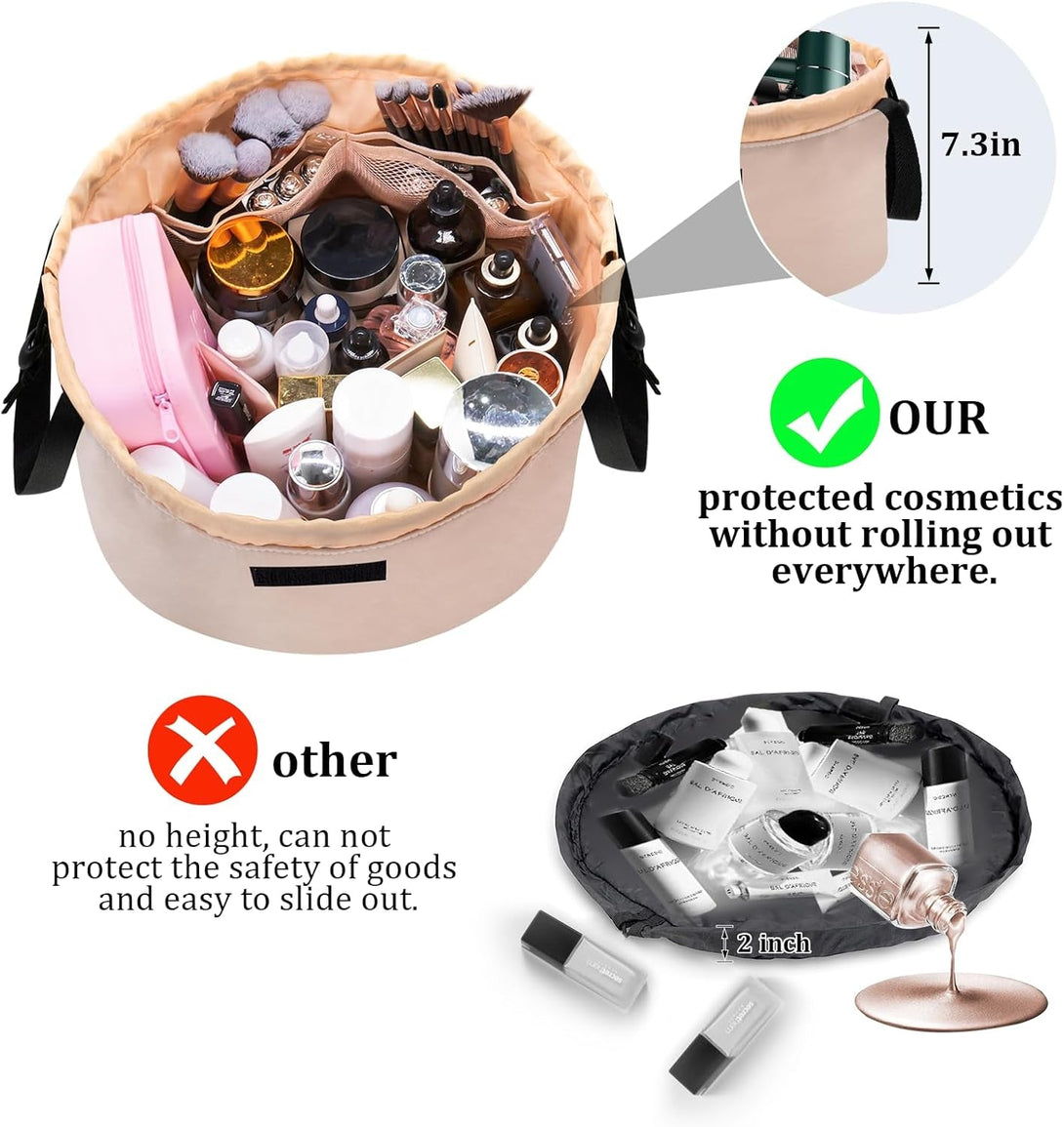 Barrel Drawstring Makeup Bag Large Travel Makeup Bag,Portable Large Capacity Cosmetic Bag Toiletry Organizer for Travel Accessories Make up Essentials and Hair Product,Gifts (Khaki)