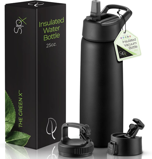 Sipx™ Triple-Insulated Stainless Steel Water Bottle 25Oz. with 3 Lids, Bpa-Free Reusable Insulated Water Bottle Keeps Cold 24 Hours, Metal Water Bottle Made of Sustainable Material for Hiking & Biking