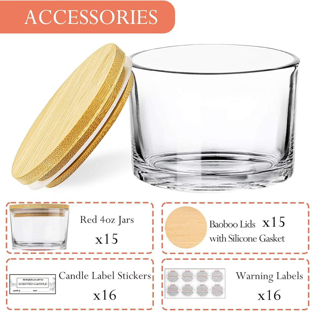 CONNOO 15 Pack 4 OZ Clear Glass Candle Jars with Airtight Bamboo Lids for Making Candles, Bulk Small Wide Mouth Empty Candle Containers with Sticky Warning Labels - Dishwasher Safe