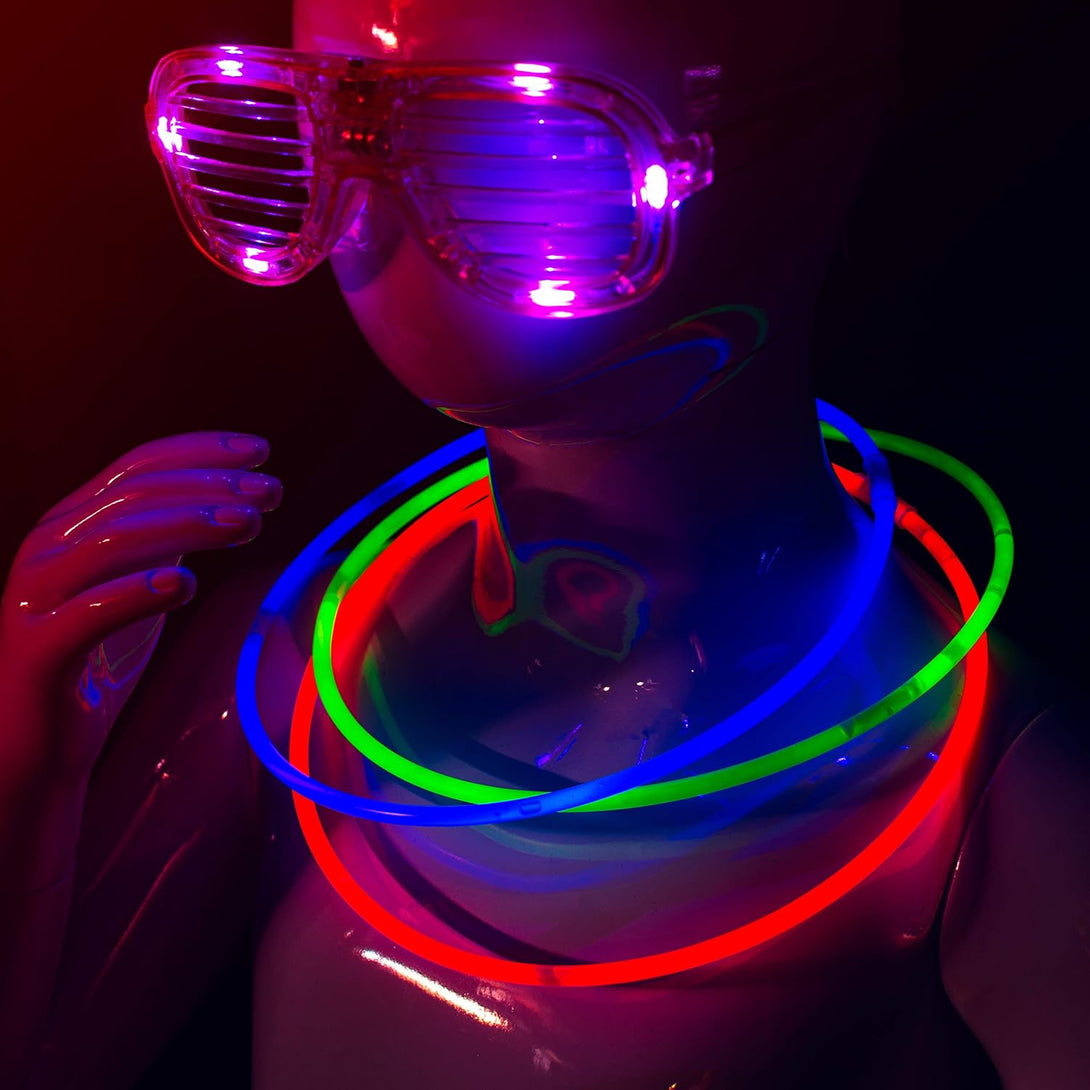 Crown Display Glow Sticks Party Package Includes 100 X 22 Glow in the Dark Necklaces & 100 X 8 Light up Bracelets Comes in a Variety of Colors & Added Bonus Connectors