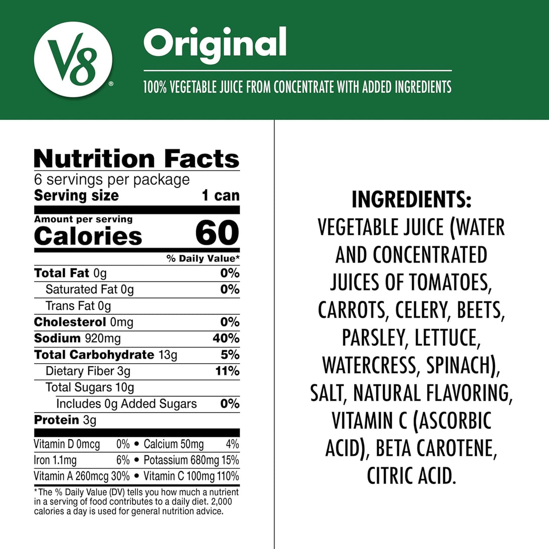 V8 Original 100% Vegetable Juice, 11.5 Fl Oz Can (6 Pack)