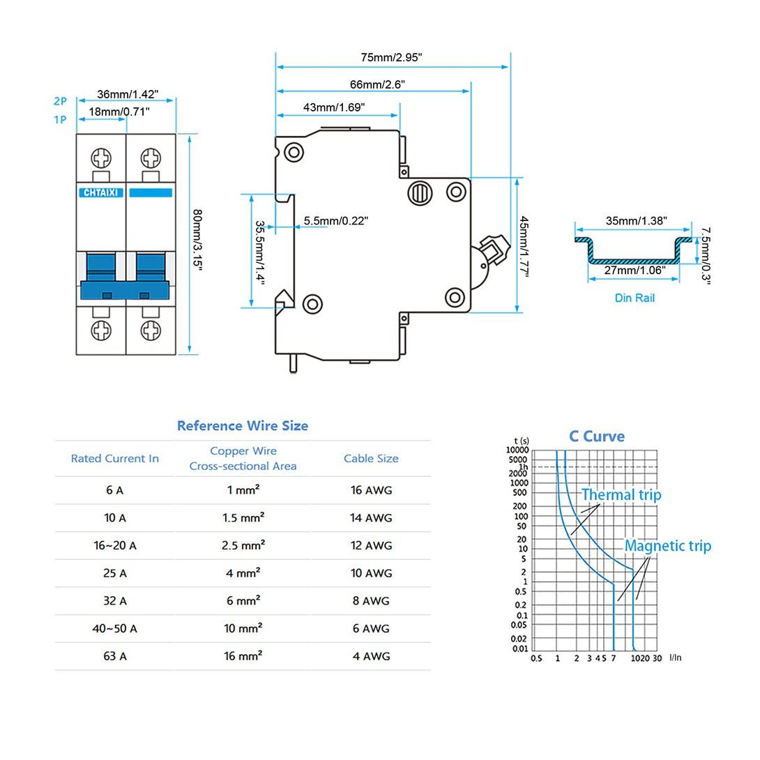 DC Miniature Circuit Breaker, 2 Pole 1000V 20 Amp Isolator for Solar PV System, Thermal Magnetic Trip, DIN Rail Mount, Chtaixi DC Disconnect Switch C20