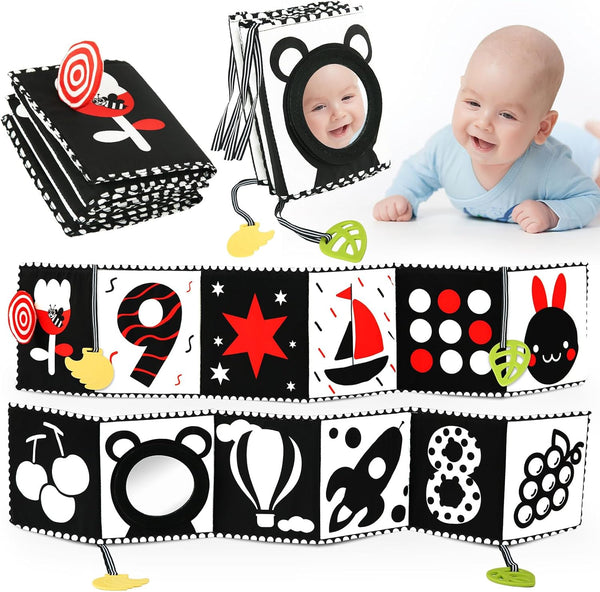 Black and White Baby Book Toys 0 3 6 12 Months Soft High Contrast Cards Sensory Toys Newborn Essentials Must Have Brain Development Tummy Time Mirror Toys Infant Crinkle Montessori Teething Toy Books