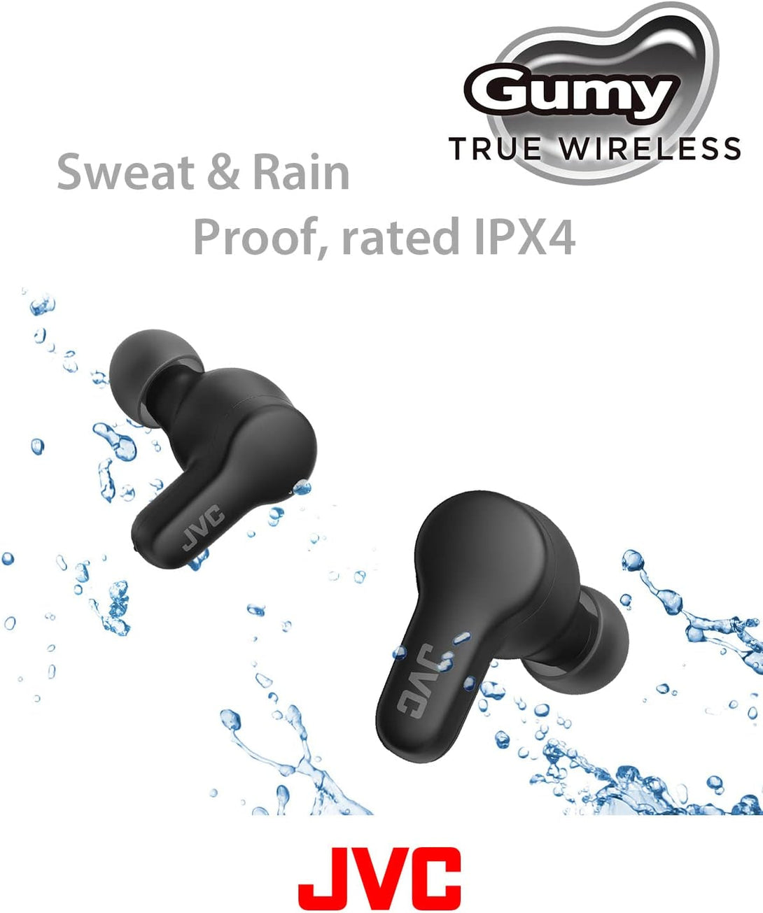 JVC Gumy True Wireless Earbuds, Bluetooth 5.3, Charging Case, 24-Hour Playback, IPX4 Water Resistant, Comfortable Secure Fit with XS/S/M/L Earpieces, Built-In Mic for Calls, Iphone/Android/Pc - HAA7T2